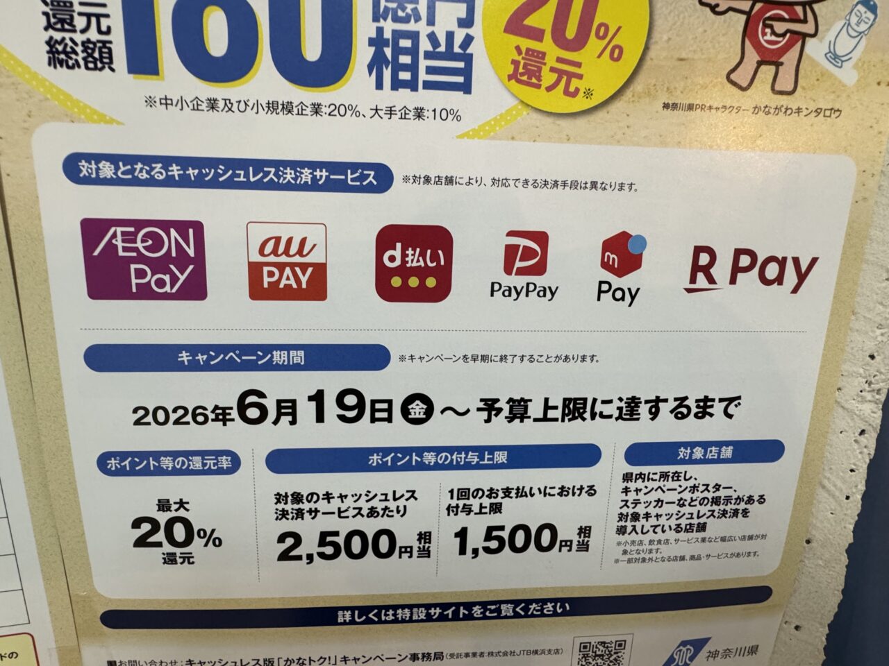 【藤沢市】最大20%還元の神奈川県キャッシュレス決済キャンペーン「かなトク!」が、還元総額180億円相当に到達見込みのため9月6日で終了します。